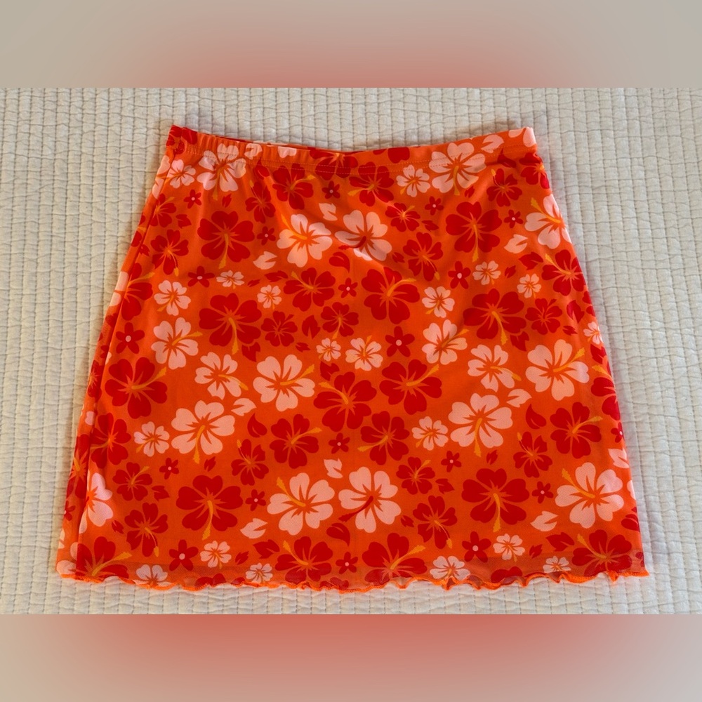 Women's Shein Skirt Orange Red Hawaiian Flower Pattern Lined Mini A-Line Pull-on
